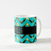 Chevron blue gold monogram personaliseren koffiemok (Voorkant rechts)