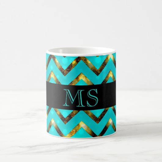 Chevron blue gold monogram personaliseren koffiemok (Center)
