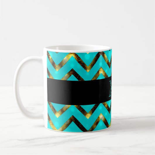 Chevron blue gold monogram personaliseren koffiemok (Links)
