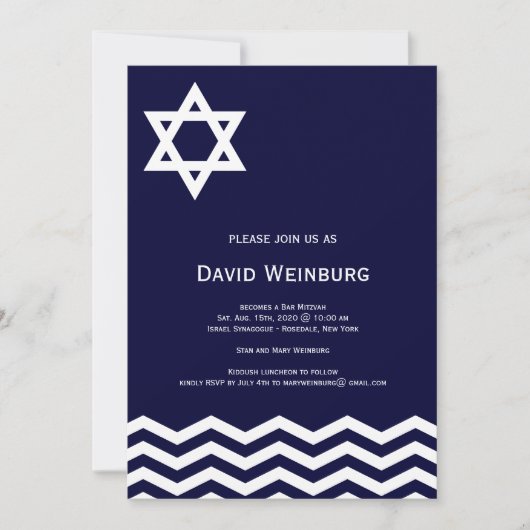 Chevron Blue Star Bar Mitzvah Uitnodiging (Voorkant)