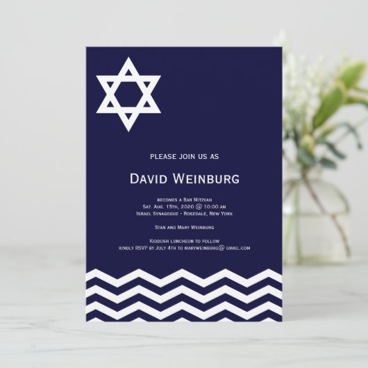 Chevron Blue Star Bar Mitzvah Uitnodiging (Staand voorkant)