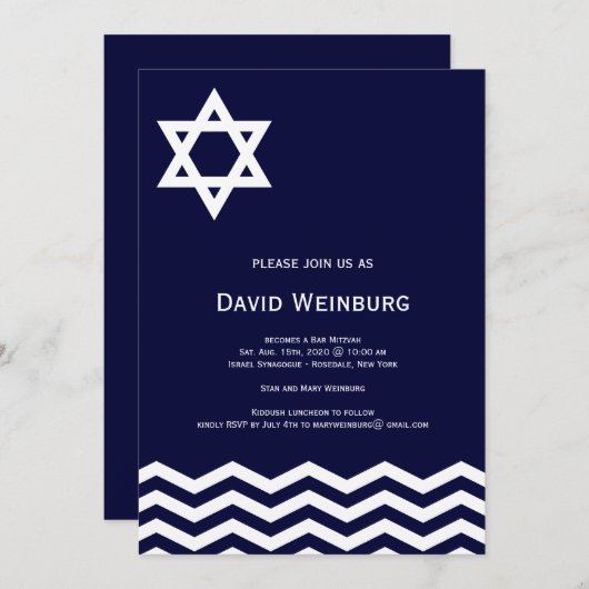 Chevron Blue Star Bar Mitzvah Uitnodiging (Voorkant / Achterkant)