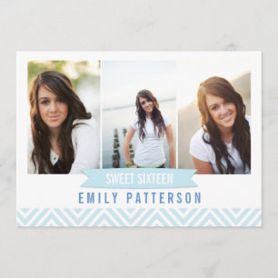 Chevron Blue White Sweet 16 Photo Birthday Party Kaart