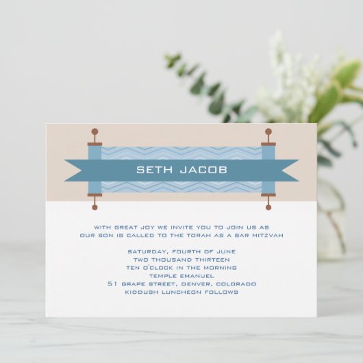 Chevron Blues Bar Mitzvah Uitnodiging (Staand voorkant)