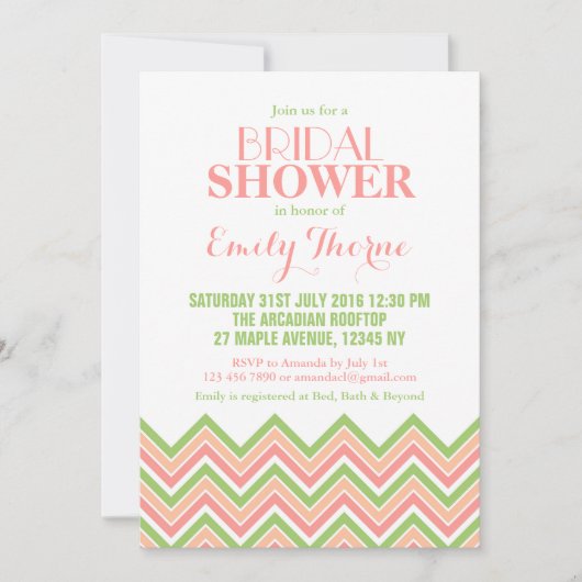 Chevron Bridal Shower Invitation White Pink Green Kaart (Voorkant)