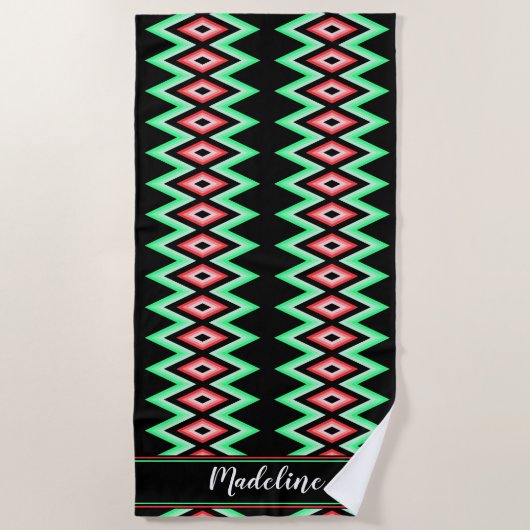 Chevron Calligrafienaam Red Green Tropical Beach Strandlaken (Voorkant)