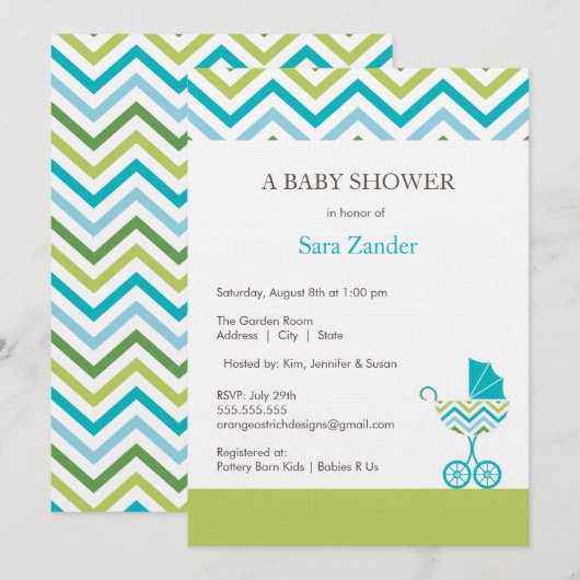 Chevron Carriage Baby shower Invitation  | Jongen Kaart (Voorkant / Achterkant)