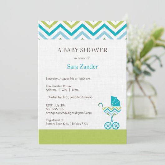 Chevron Carriage Baby shower Invitation  | Jongen Kaart (Staand voorkant)