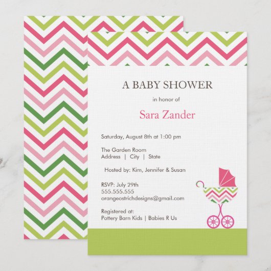 Chevron Carriage Baby shower Invitation  | Meisje Kaart (Voorkant / Achterkant)