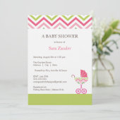 Chevron Carriage Baby shower Invitation  | Meisje Kaart (Staand voorkant)