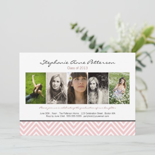 Chevron Chic 5 Foto Afstuderen Aankondiging Roze (Staand voorkant)