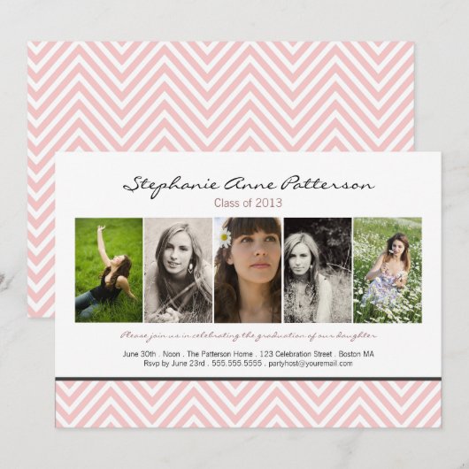 Chevron Chic 5 Foto Afstuderen Aankondiging Roze (Voorkant / Achterkant)