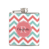 Chevron Coral en Aqua Custom Name Heupfles (Voorkant)