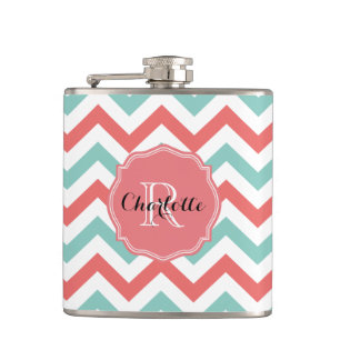 Chevron Coral en Aqua Custom Name Heupfles