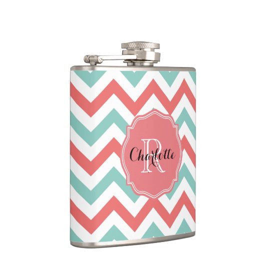 Chevron Coral en Aqua Custom Name Heupfles (Rechts)