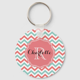 Chevron Coral en Aqua Custom Name Sleutelhanger
