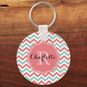 Chevron Coral en Aqua Custom Name Sleutelhanger (Voorkant)