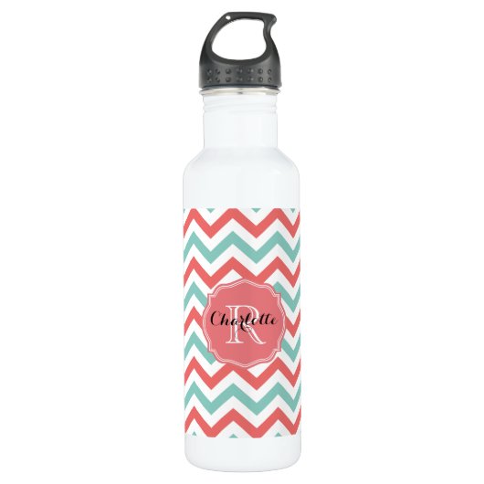 Chevron Coral en Aqua Custom Name Waterfles (Voorkant)