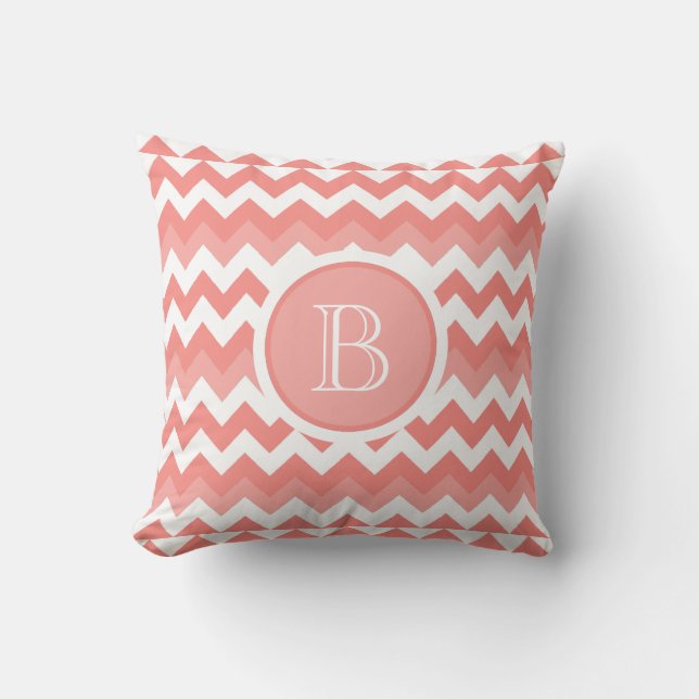 Chevron Coral White Monogram Pillow Kussen (Voorkant)