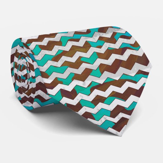 Chevron Cow Brown en Blauwgroen Print Stropdas (Opgerold)