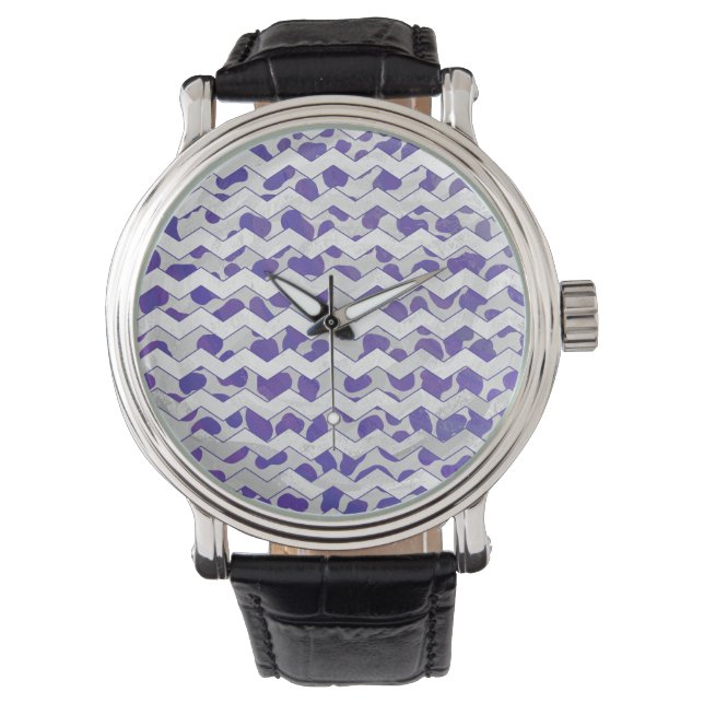 Chevron Dalmatisch Paars en Wit Horloge (Voorkant)