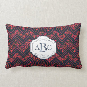 Chevron Damask (marine, rood) gepersonaliseerd mon Kussen