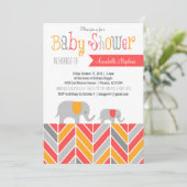 Chevron Elephant Baby shower Invitation Coral Gray Kaart (Staand voorkant)