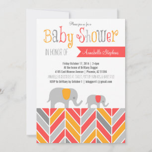 Chevron Elephant Baby shower Invitation Coral Gray Kaart