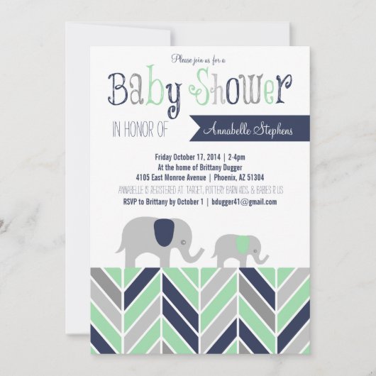 Chevron Elephant Baby shower Invitation Navy Mint Kaart (Voorkant)