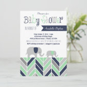 Chevron Elephant Baby shower Invitation Navy Mint Kaart (Staand voorkant)