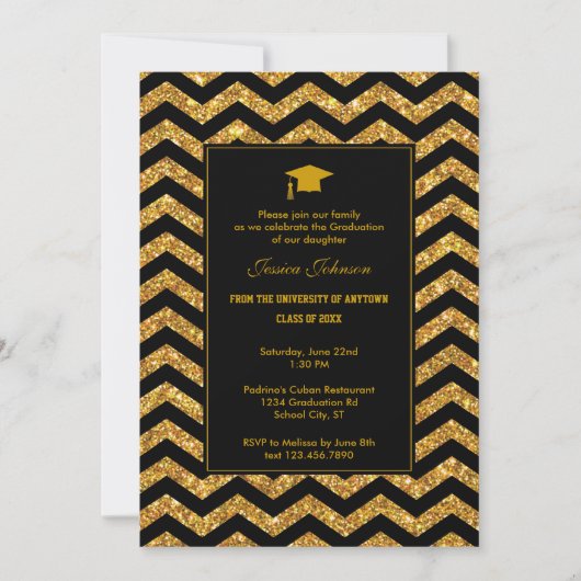 Chevron en Glitter Afstuderen Invitation Kaart (Voorkant)