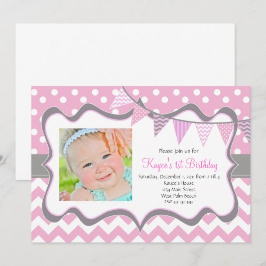 Chevron en Stippen Pendant Birthday Invitation Kaart (Voorkant / Achterkant)