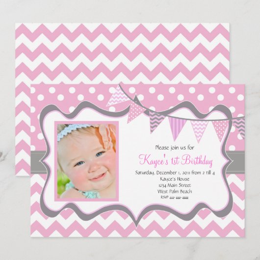Chevron en Stippen Pendant Birthday Invitation Kaart (Voorkant / Achterkant)