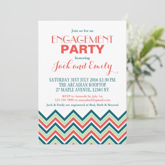 Chevron Engagement Party - uitnodiging - koraal en (Staand voorkant)