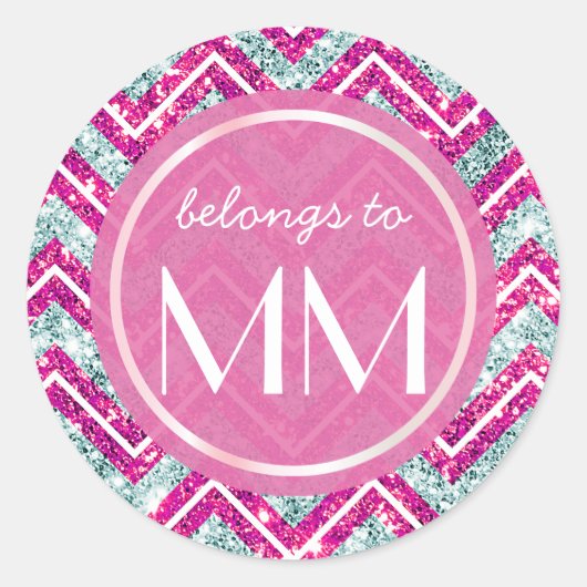 Chevron Faux Glitter Roze & Blauw Bling DIY Labels (Voorkant)