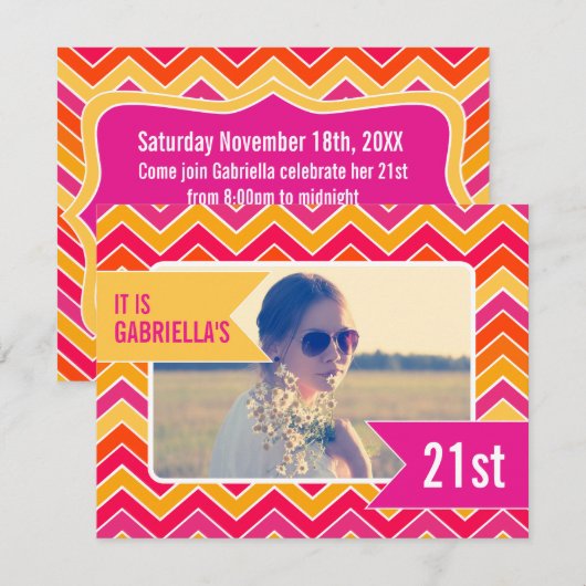 Chevron felle foto 21ste verjaardag uitnodiging (Voorkant / Achterkant)