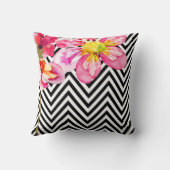 Chevron Floral Waterverf Flowers | zwart-wit Kussen (Achterkant)