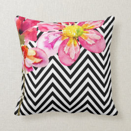 Chevron Floral Waterverf Flowers | zwart-wit Kussen