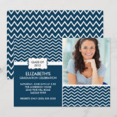 Chevron Foto Afstuderen Uitnodiging - Blauw & wit (Voorkant / Achterkant)