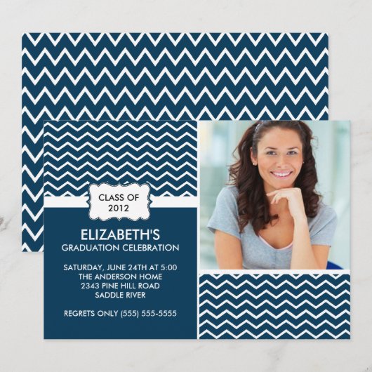 Chevron Foto Afstuderen Uitnodiging - Blauw & wit (Voorkant / Achterkant)