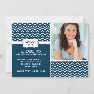 Chevron Foto Afstuderen Uitnodiging - Blauw & wit