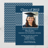 Chevron Foto Afstuderen Uitnodiging - Blauw & wit (Voorkant / Achterkant)