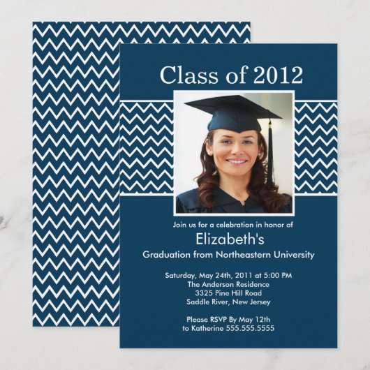 Chevron Foto Afstuderen Uitnodiging - Blauw & wit (Voorkant / Achterkant)