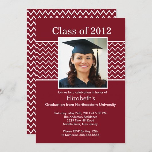 Chevron Foto Afstuderen Uitnodiging - Maroon White (Voorkant / Achterkant)