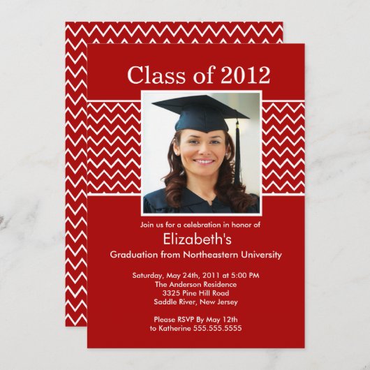 Chevron Foto Afstuderen Uitnodiging - Rood & Wit (Voorkant / Achterkant)