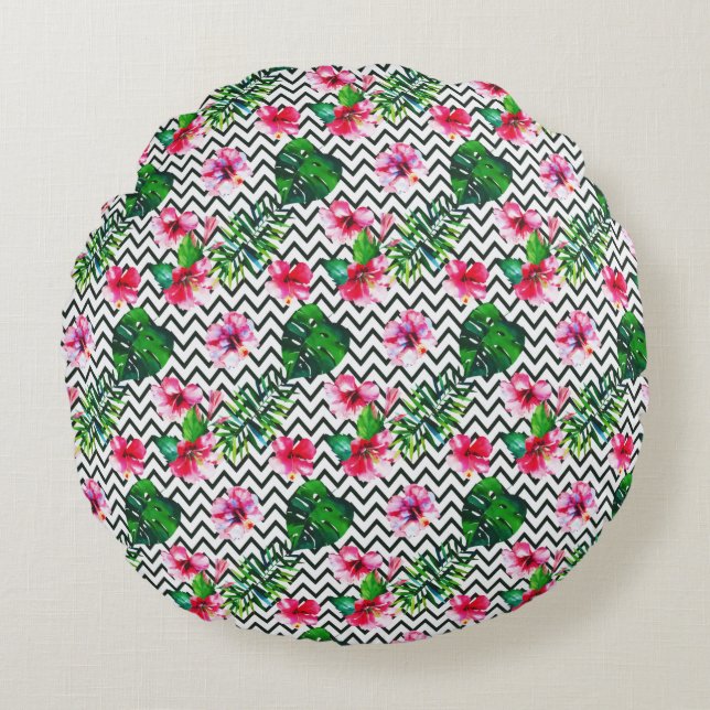 Chevron Geometric Summer Tropical Floral Rond Kussen (Voorkant)