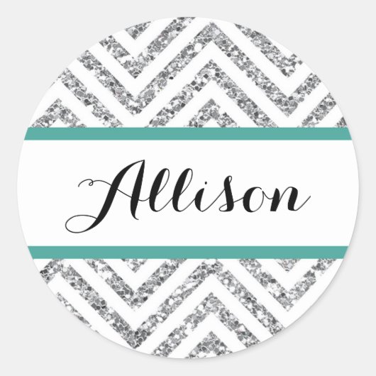 Chevron Glitter Circle Sticker Naam Label Blauwgro (Voorkant)