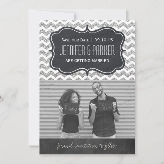 Chevron Glitter Save the Date Foto Kaarten (Voorkant)