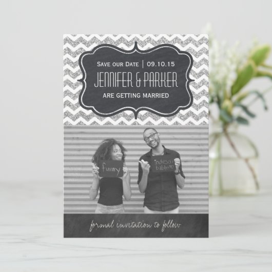 Chevron Glitter Save the Date Foto Kaarten (Staand voorkant)
