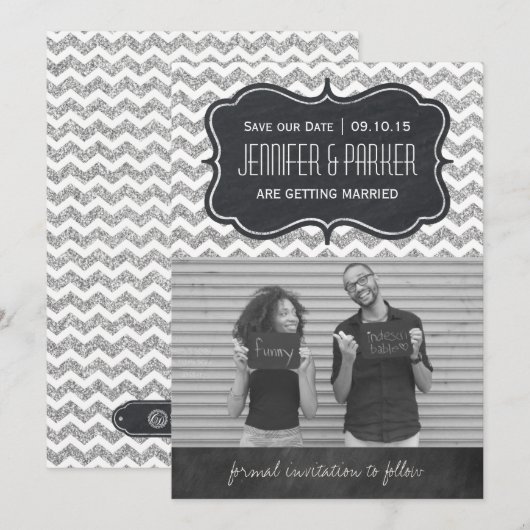 Chevron Glitter Save the Date Foto Kaarten (Voorkant / Achterkant)